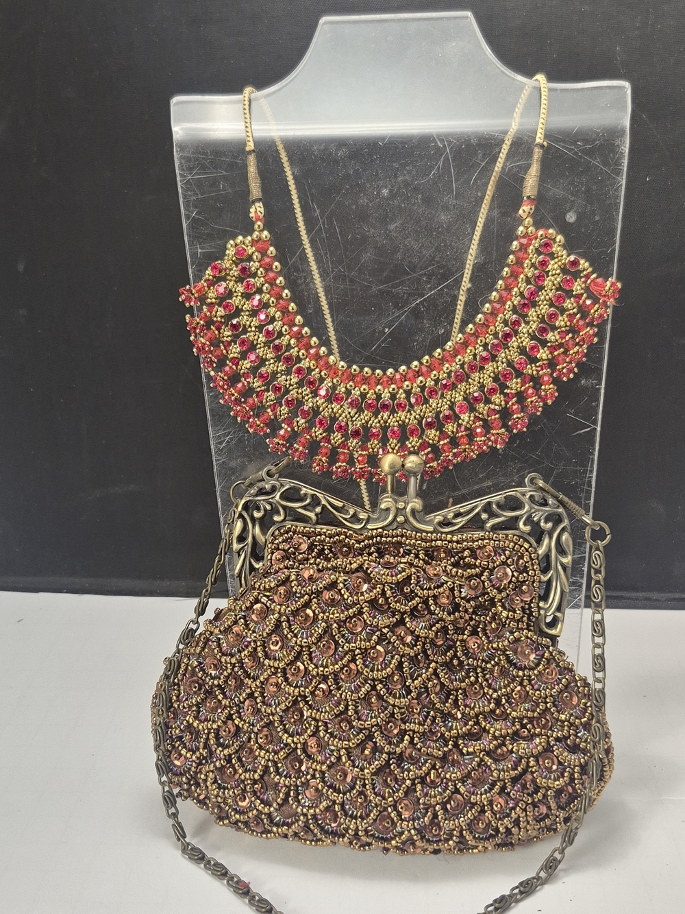 Beaded Vintage Evening Bag with Red Beaded Necklace